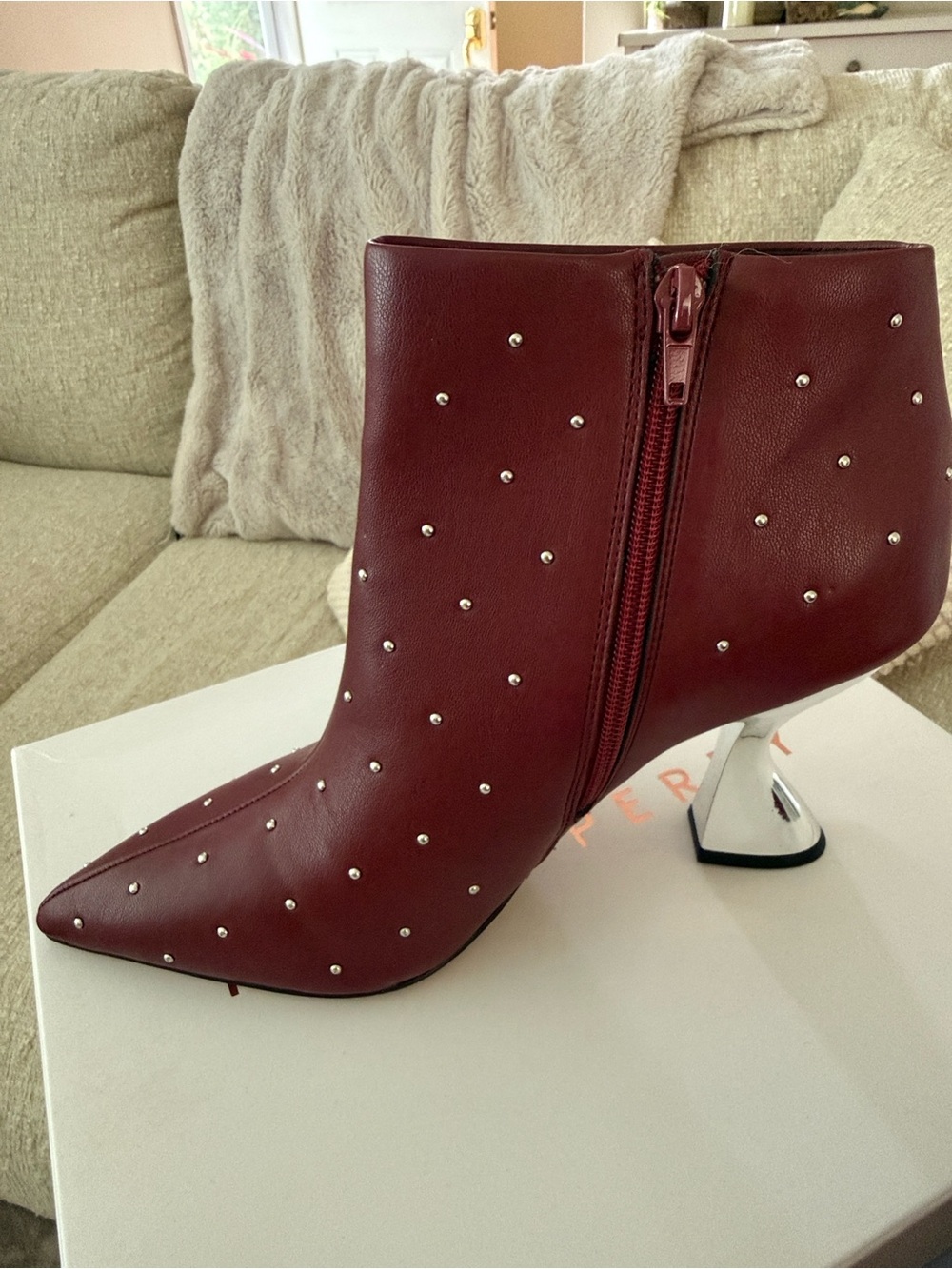 Katy Perry Collections Burgundy Studded Pointed Ankle Booties - Picture 2 of 5